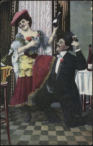 A well-dressed couple pictured laughing (colour litho)
