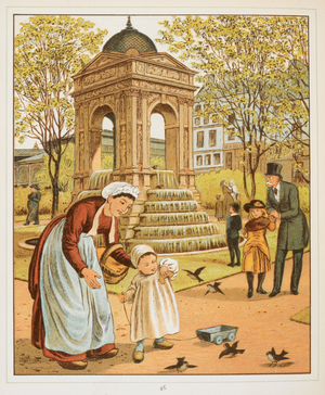 La Fontaine des innocents, in Paris. A mother and child feeding birds.
Colour Illustration from 'Abroad'.