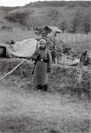 A helmeted and gloved German sentry is on duty outside next to a gun concealed with a tarp and pine branches, Normandy, France, 1944 (b/w photo)