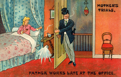 Father works late at the office (colour litho)