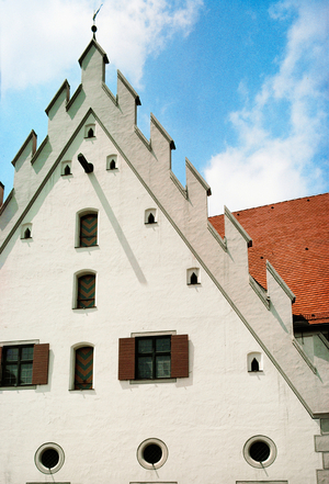 Crennellated gable of the Fugger House at Donauwoerth on the Danube River, Bavaria (photo)