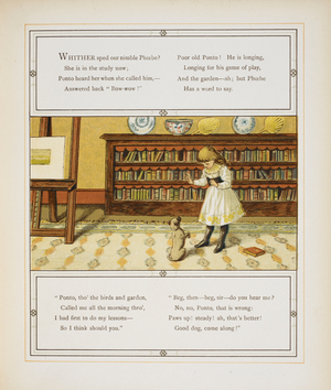 girl training dog. Colour illustration and text from 'At Home'.