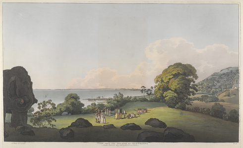 View from the island of Elephanta. Taken from the island's landing-place, looking towards Bombay Harbour in the far distance beyond Butchers Island and Cross Island. Local versions of the sedan and palanquin are depicted in the foreground