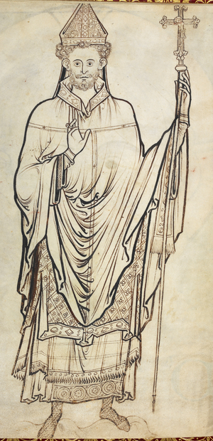 Archbishop, fully vested and wearing a mitre, with crozier of 'ferula', or 'cambuta', type