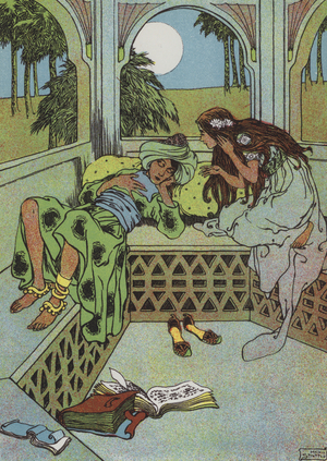 The Princess falls in love with the sleeping Prince (colour litho)