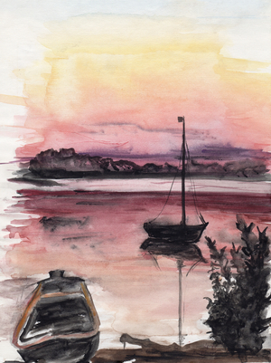 Sunset with Sailing Boat, 1983 (w/c on paper)