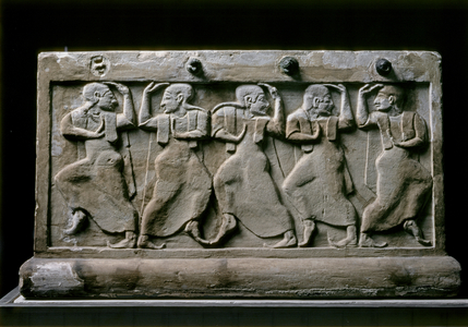ETRUSCAN ART: Dance scene from a funerary urn., 5th -7th cent BC (stone)