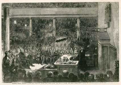 Professor Faraday lecturing at the Royal Institution before HRH Prince Albert, the Prince of Wales, and Prince Alfred (engraving)