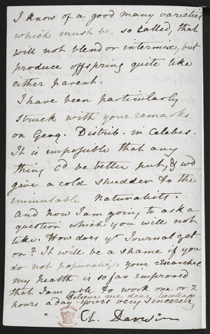 Add. MS 46434, f.61-2 Charles Darwin's natural selection letter to Alfred Russel Wallace, 1866 (ink on paper)
