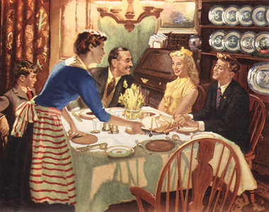 tea girl friends bread toast, 1950s (print)