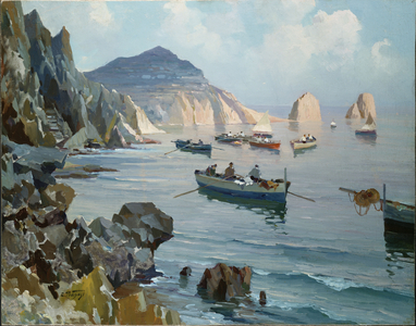 Boats in a Rocky Cove (oil on canvas laid down on masonite)