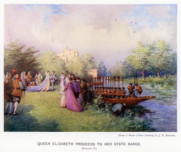 Warwick Pageant, 1906: Queen Elizabeth proceeds to her state barge, Episode X (colour litho)