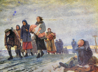 World War Two: Patriotic Russian war postcard depicting forced march of slave workers (labour) captured by German soldiers
