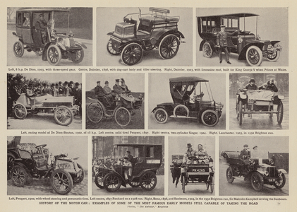 History of the motor car, examples of some of the most famous early models still capable of taking the road (litho)