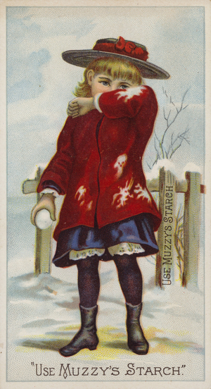 Girl with Snowball in Hand Shielding Face (chromolitho)