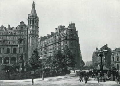 Thames Embankment, the National Liberal Club, Hotel Metropole, and Avenue Theatre (b/w photo)
