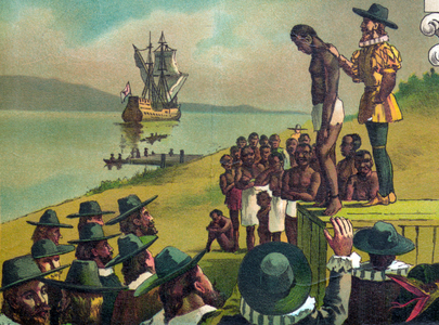 Slave auction from a Composite of thirteen scenes pertaining to Afro-American history, 1897 (chromolithograph)