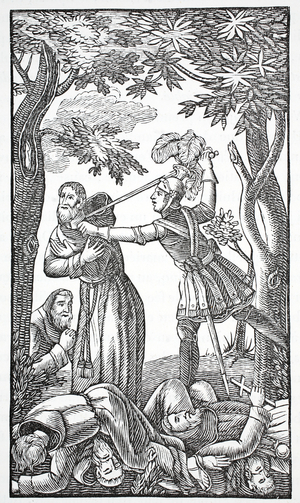 Robert the Devil meets and kills seven hermits in the woods (litho)