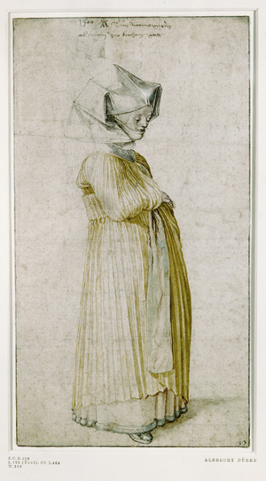 Study of a female costume (coloured drawing)