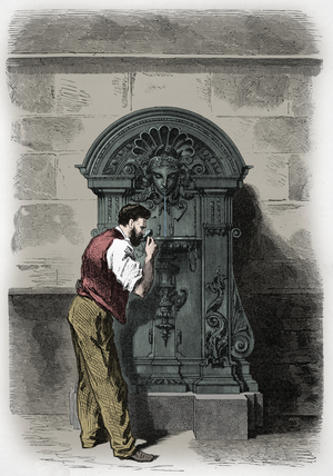 Wallace fountain in Paris in 1872 (Engraving)