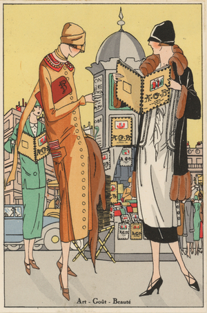 Women's fashion design from the 1920s by Premet and Martial and Armand. (colour litho)