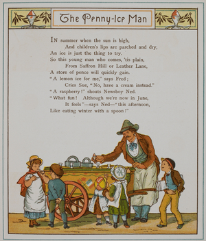 The penny ice-man. A seller of iced fruit confectionery. Illustration from 'London town'.