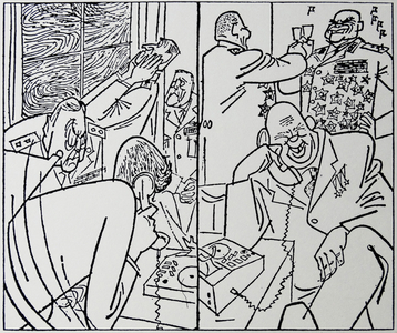 The HOT LINE between the President of the USA and the Premier of the USSR was designed to allow direct communication at a moment's notice. At its inauguration on 31 August 1963, it was hailed as a major telecommunications achievement. This cartoon by Professor H.E.Kohler and published in Frankfurter Allgemeine Zeitung is typical of contemporary press comment. KENNEDY is asking Khrushchev to halt the Soviet advance because the US cannot get their forces across the Atlantic because of fog.Khrushchev is saying certainly, but in the meantime we'll bomb your airfields in Germany.
