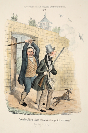 Selections from Seymour: No. 7, 'Another pigeon, Egad, I'm in Luck's way this morning', pub c. 1840 (hand coloured engraving)
