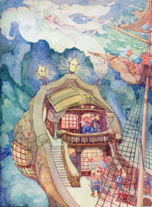 The Little Mermaid.  Illustration from The Golden Wonder Book for Children published 1934.  The little mermaid watched the ship with the handsome young prince on board and longed to be able to speak to him.