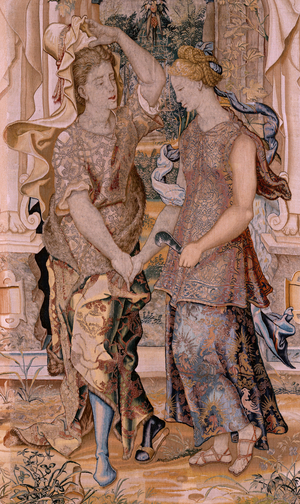 Flemish tapestry. Series Vertumnus and Pomona. Vertumnus reveals his identity to Pomona (Vertumno se descubre ante Pomona). Eighth tapestry in the series. Model Circle of Pieter Coecke van Aelst. Manufacture Wilhelm Pannemaker, Brussels. Ca 1545-1550. Fabric Gold, silver, silk and wool.