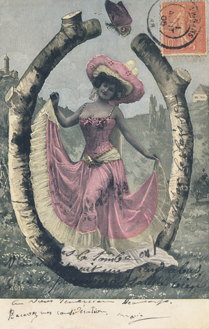 O: Capital letter in faux wood, country decor, a female character. No. 4912, 1904 (photomontage)