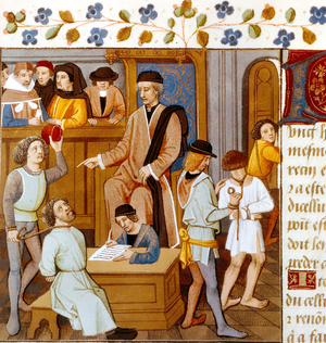 Trial in France in the middle ages, 15th century (illumination)