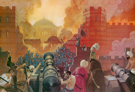 Turks under Muhammed II besieged and captured Constantinople in 1453 (colour litho)