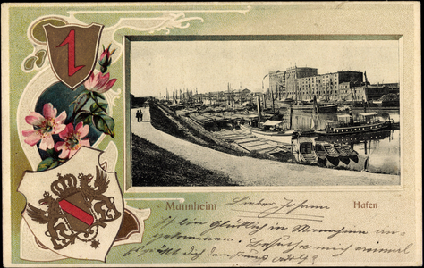 Embossed coat of arms Mannheim, view to the harbour, boats