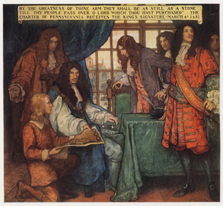 The Charter of Pennsylvania receives King Charles IIs signature, 4 March 1681 (litho)