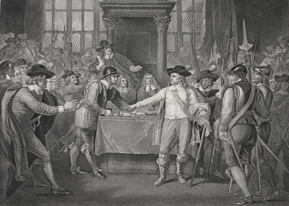 Oliver Cromwell dissolving the Long Parliament, 1653, engraved by A.H. Payne (litho)