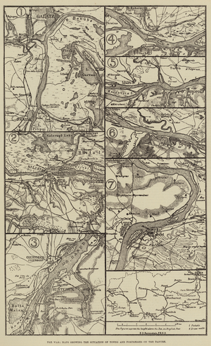The War, Maps showing the Situation of Towns and Fortresses on the Danube (engraving)