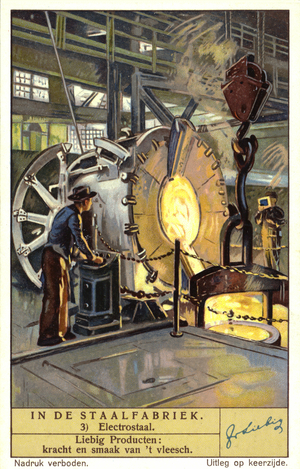 Electric arc furnance in a steelworks (chromolitho)
