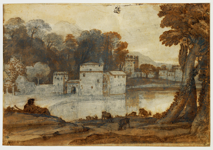 Shepherd beside a lake near a fortified mill ...