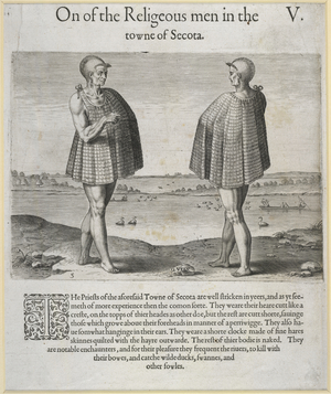 'On the religious men in the towne of Secota'. Two holy men or priests.