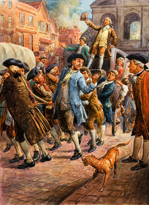John Wilkes, seen here returning from Paris, being saved from arrest by a mob of citizens (gouache on paper)