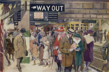 Charing Cross, the interchange centre of London's undergeound railway traffic (colour litho)