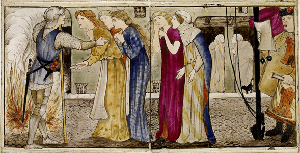 A set of sixteen tiles arranged in pairs to form eight illustrations of the 'Briar Rose' tale, 1862 - 1865 (ceramic)