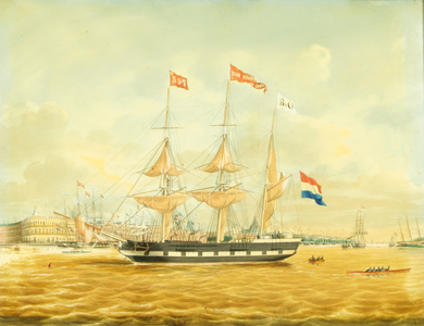 The Johan Melchior Kemper at Anchor by Rotterdam Harbour (pencil, pen & ink and w/c on paper)