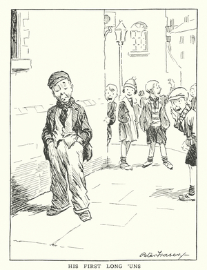 Boy proudly wearing his first pair of long trousers (litho)