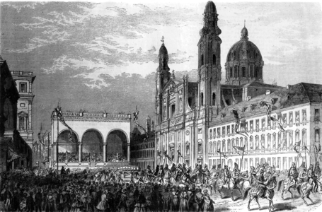 Parade for the 700th anniversary of the city of Munich at the Odeonsplatz, 1858 (b/w photo)