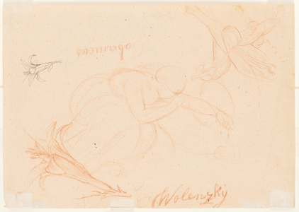 A crouching young woman; three studies of an iris flower, c.1820 (red chalk, pen and brown ink)