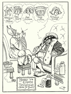 King Henry VIII thinking of his wives (litho)