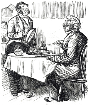 Cartoon commenting on the condition of food often served in London eating houses, 19th century