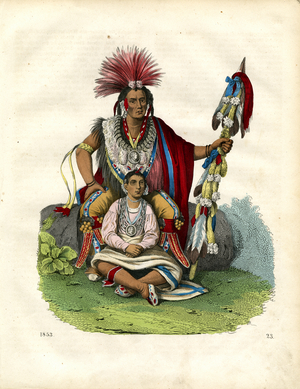 Native American Chief with Child (hand-coloured litho)